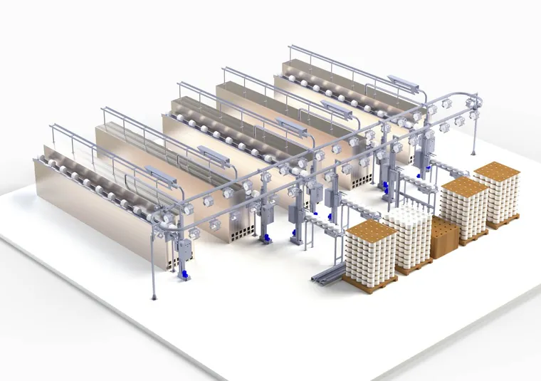 Cone Transport System carrying yarn packages on an overhead track in a spinning mill