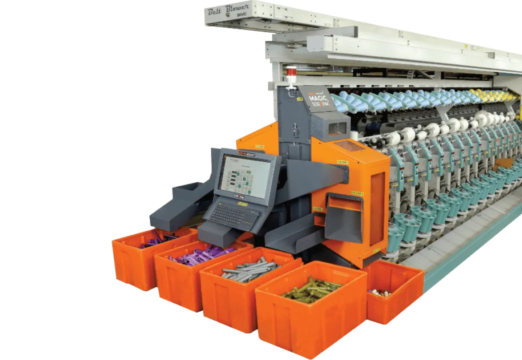 Sortlink Magic bobbin sorter attached to an autowinder with colour-sorted bobbin crates